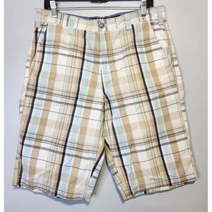 UK Style French Connection Mens Size 32x12 Plaid Shorts Khaki Flat Front Tag 30